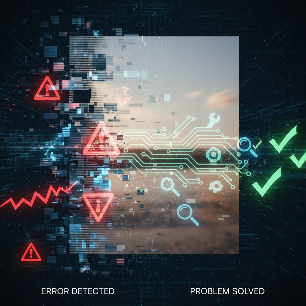 AI art troubleshooting - glitched image being repaired with glowing digital correction tools