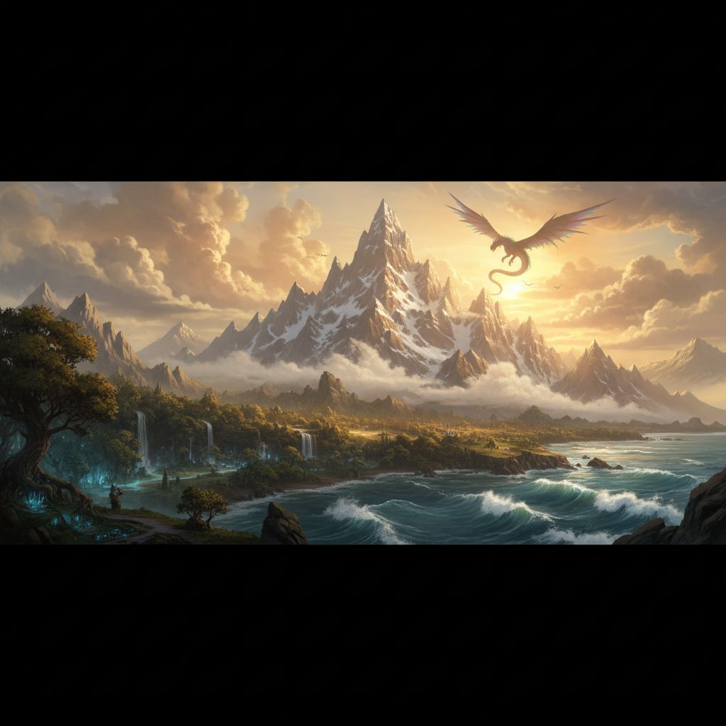 AI landscape art - breathtaking fantasy vista with mountains, enchanted forest, and dramatic ocean at golden hour