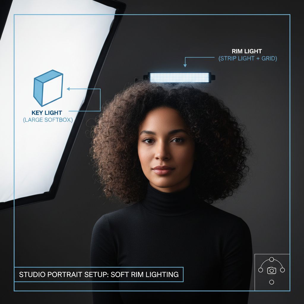 AI portrait photography - stunning photorealistic portrait with professional studio lighting diagram overlay