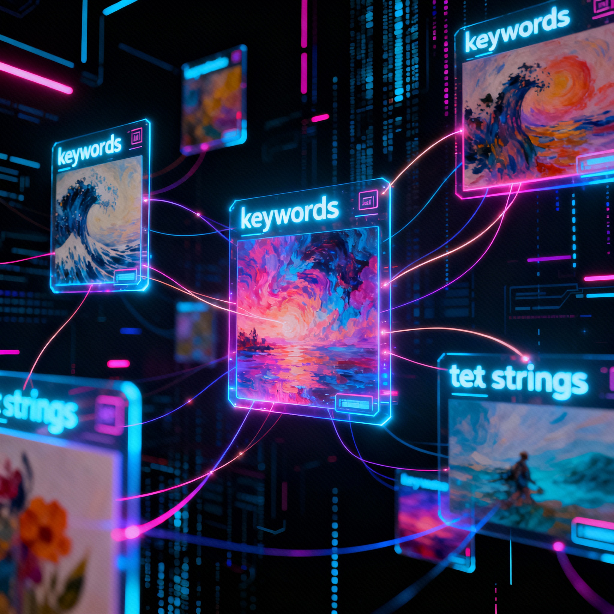 AI prompt engineering visualization - floating holographic text keywords transforming into stunning artwork