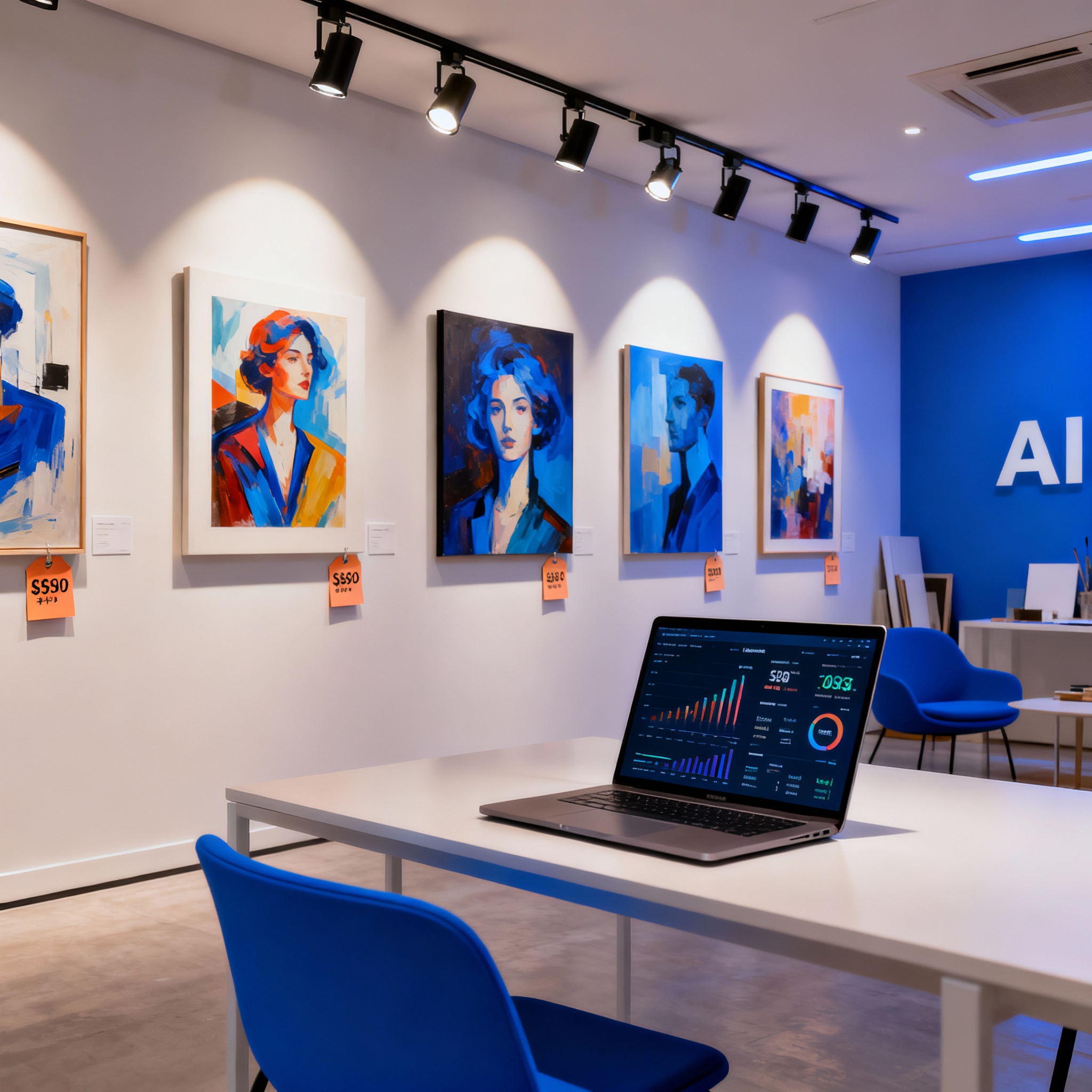Commercial AI art business - professional creative studio with AI-generated prints displayed for sale
