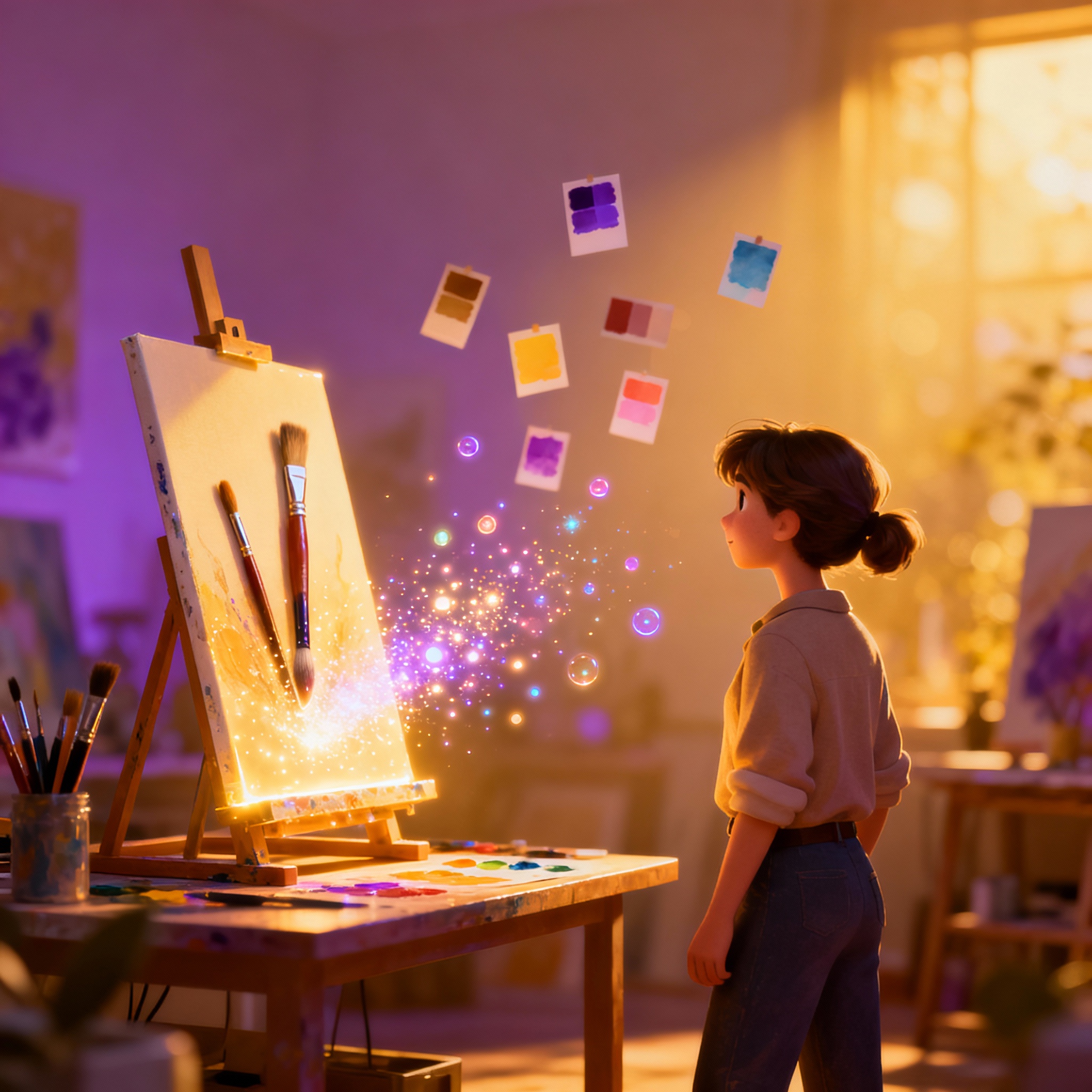 Beginner artist discovering AI art generation - magical glowing canvas with swirling colors emerging in creative workspace