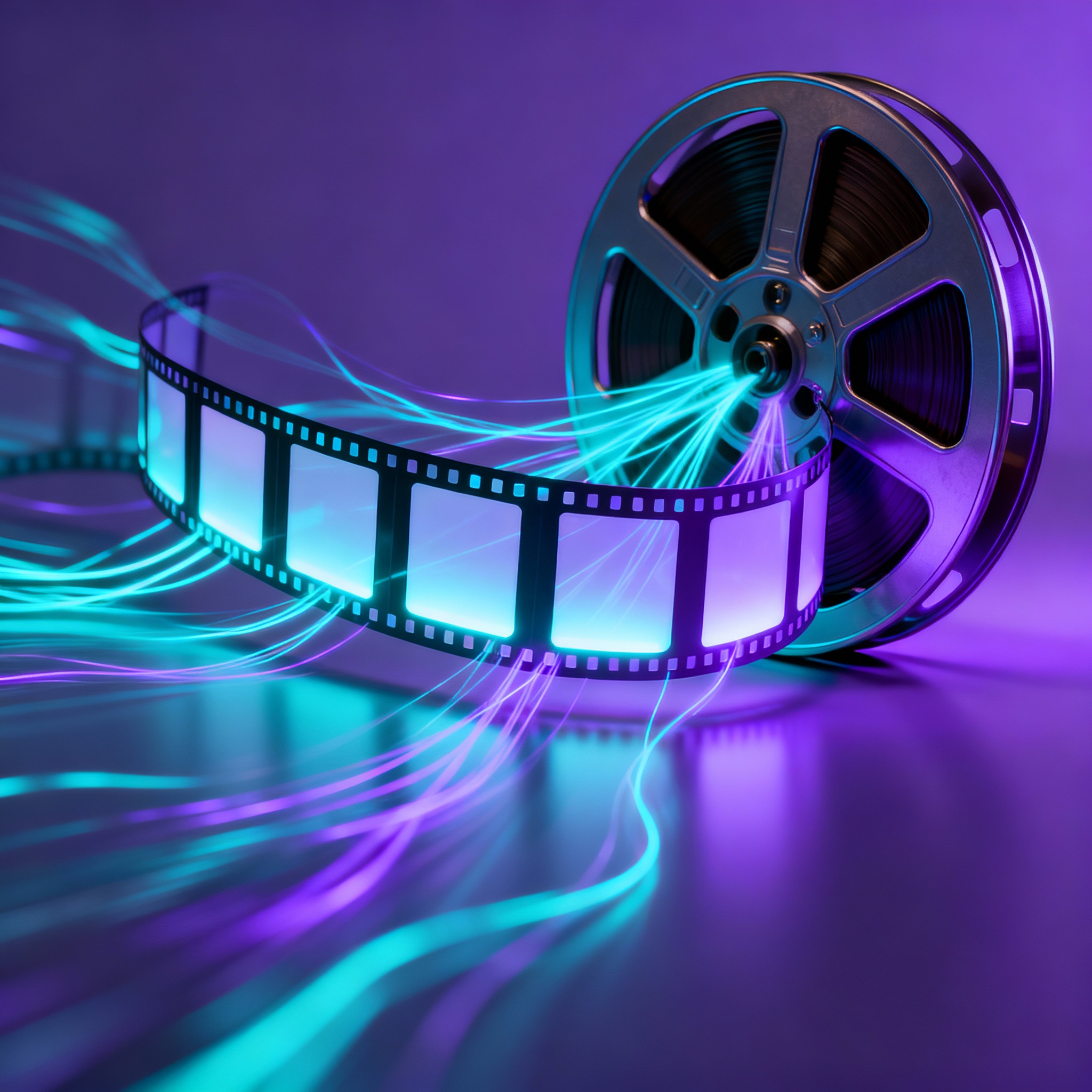 AI text-to-video generation - cinematic film reel with glowing AI-generated frames showing motion sequence