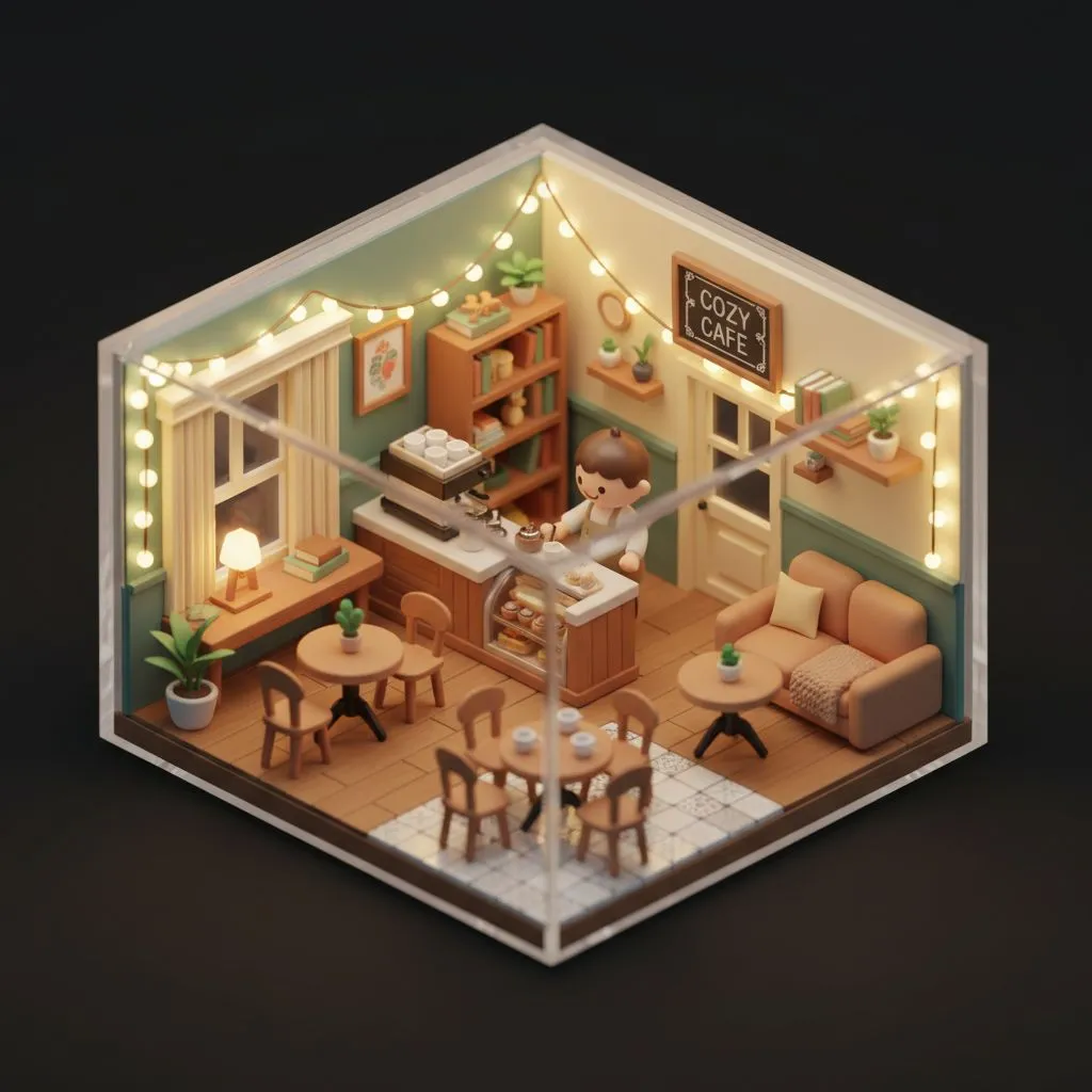 Stylised miniature diorama of a cosy cafe with warm lights and wooden furniture