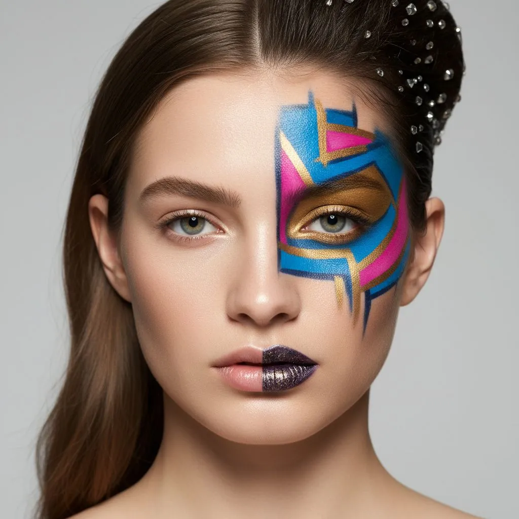 Beauty portrait with graphic blue, pink and gold makeup across one side of the face