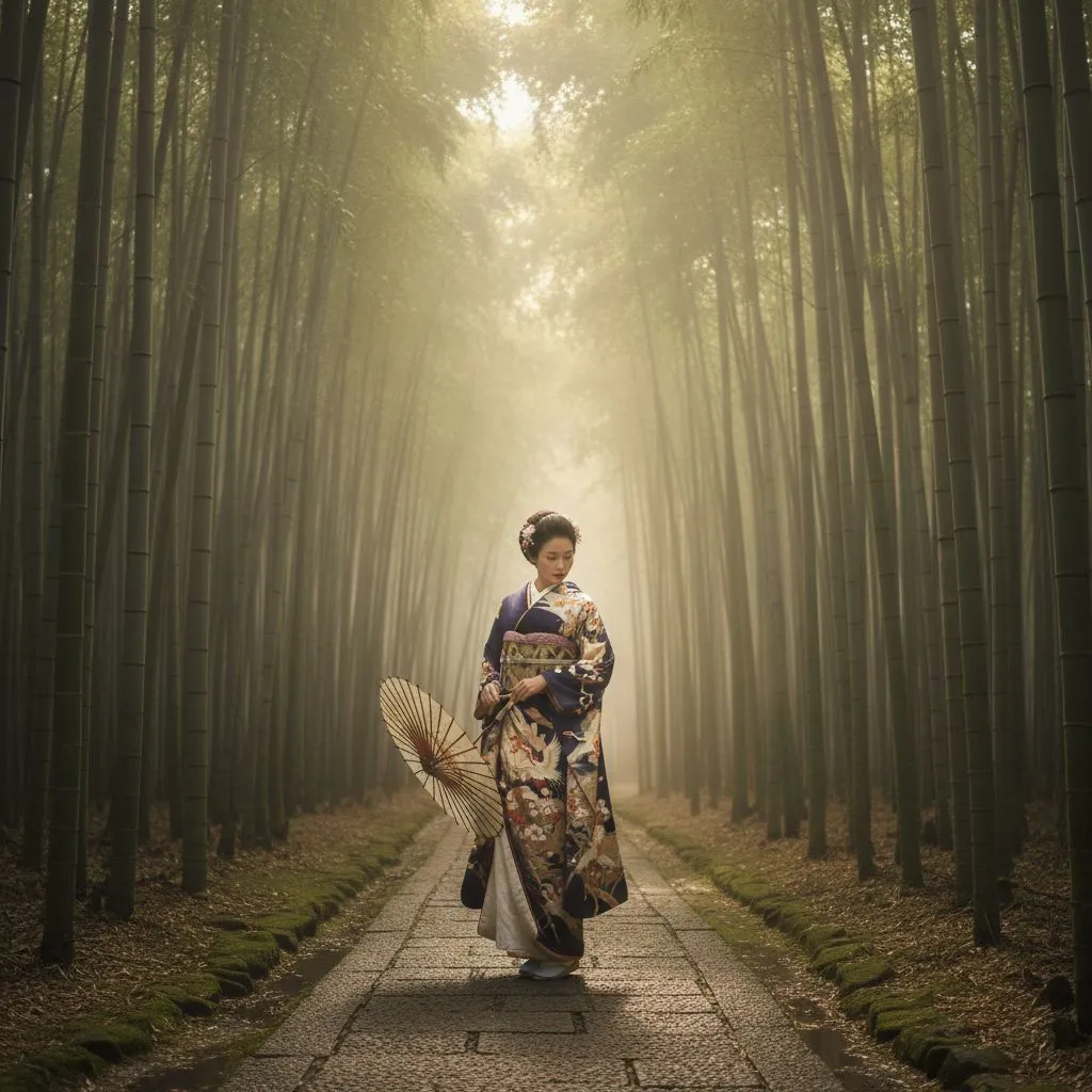 Woman in a patterned kimono holding a paper parasol on a path through a misty bamboo forest