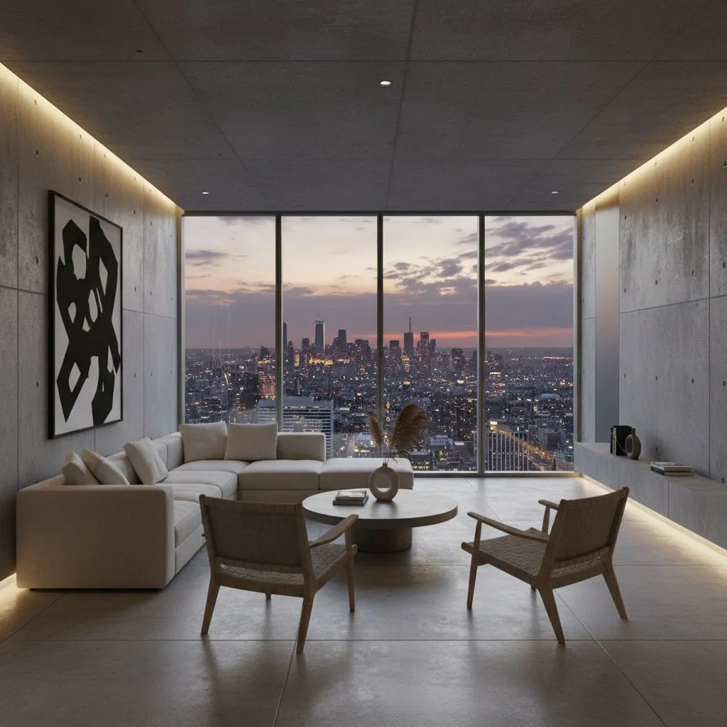 Minimalist concrete living room with a sofa and city skyline at dusk