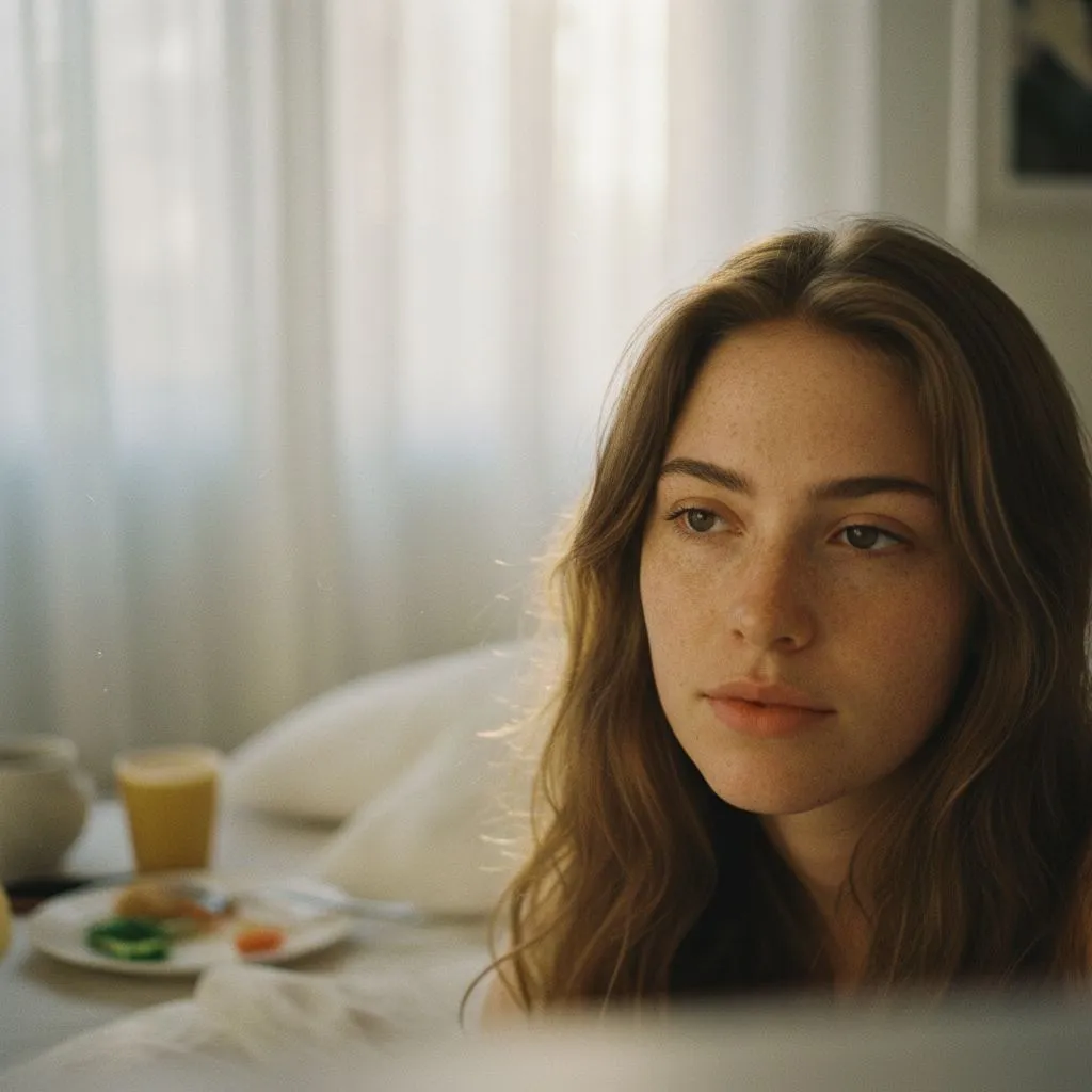 Woman photographed in soft morning window light with a breakfast tray behind her