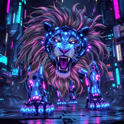 A futuristic cybernetic lion with glowing neon circuits on its body, bright blue and pink lights, metallic fur, roaring in a dark sci-fi city, highly detailed, vibrant colors, ultra-realistic
 anime style illustration, vibrant colors, detailed character design, Studio Ghibli inspired, manga aesthetic, cel shading, anime style illustration, vibrant colors, detailed character design, Studio Ghibli inspired, manga aesthetic, cel shading