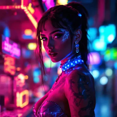 A stunning futuristic woman in a neon cyberpunk city, glowing holographic tattoos, vibrant neon lights reflecting on her metallic outfit, high-tech accessories, dramatic lighting, ultra-detailed, cinematic, 8k
 lifestyle photography, natural authentic moment, soft natural lighting, candid feel, warm tones, lifestyle photography, natural authentic moment, soft natural lighting, candid feel, warm tones