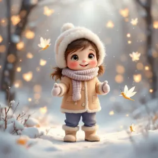 WIGGLE TO WARM UP warm cozy clothing gloves and little snow boots Little Wiggle Bug wiggling happily to warm up while little fairies wiggle and bounce in the air soft toddler_ illustration_ rounded shapes_ pastel winter colors_ gentle lighting_ cozy mood_ simple background_ friendly fairy style_ children’s picture book art_ no sharp edges, photorealistic style, detailed texture, high resolution photography, professional lighting
