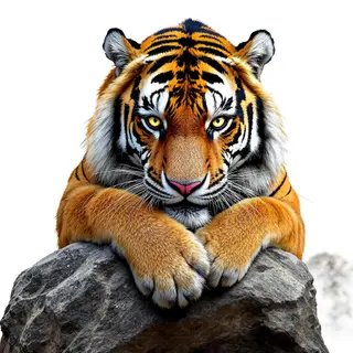 This is a surreal photo of an adult male tiger leaning against a rock on a white background. The image is a frontal view,very angry emotion, depicting the tiger in great detail and realistically., no background, dramatic lighting from side, sharp shadows, high resolution, cinematic look, isolated black background