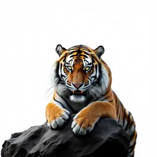 This is a surreal photo of an adult male tiger leaning against a rock on a white background. The image is a frontal view,very angry emotion, depicting the tiger in great detail and realistically., no background, dramatic lighting from side, sharp shadows, high resolution, cinematic look, isolated black background
