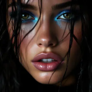 Extreme close-up portrait of a woman’s face, wet and luminous, with glistening skin that reflects soft studio lighting. Her lips are parted slightly, glossy and natural pink, while bold, electric-blue metallic eyeshadow extends dramatically across her eyelids, smudged and textured like fine pigment dust. Damp strands of black hair fall loosely across her face, catching highlights and framing her features in a moody, intimate way. Lighting: cinematic beauty lighting, soft but directional, emphasi, photorealistic style, detailed texture, high resolution photography, professional lighting
