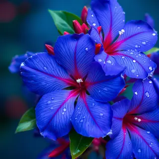 A close-up, vertical composition showcases a cluster of vibrant, dark blue flowers, their petals detailed with intricate veining and delicate water droplets. The flowers are the primary focus, set against a soft, blurred background of deep teal and hints of red. These flowers feature a prominent red center with white stamens, contrasting beautifully with the blue petals. Interspersed among the flowers are small, red buds and glossy green leaves, adding depth and texture to the scene. The lightin, photorealistic style, detailed texture, high resolution photography, professional lighting