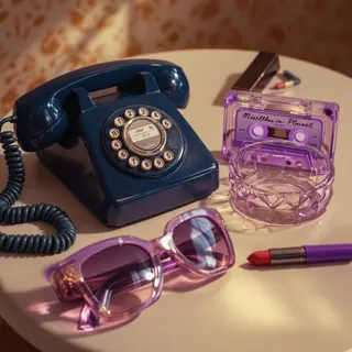 Close-up of a retro still life scene on a formica table. A navy blue rotary phone with a curled cord sits beside a translucent purple walkman and a cassette with handwritten labels. A pair of oversized sunglasses from the 70s rests nearby, along with a glass ashtray and a lipstick in a matching shade of violet. Background shows hints of patterned wallpaper. Warm ambient light with film grain and analog texture evoke a cinematic late-70s aesthetic., photorealistic style, detailed texture, high resolution photography, professional lighting