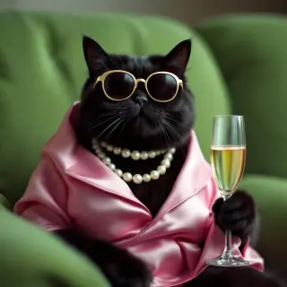 A black cat is dressed in a pink satin top, a pearl necklace, and elegant sunglasses, holding a glass of champagne. The cat is sitting on a green couch. The lighting is soft and diffused. — photographed as if taken with an old mobile phone camera, with low resolution, slight motion blur, poor lighting, and a grainy, vintage digital look., photorealistic style, detailed texture, high resolution photography, professional lighting