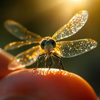 Macro shot of a dragonfly resting delicately on a person’s fingers, sunlight radiating through its wings. Glowing backlight, nature's fragility captured in a moment of stillness., photorealistic style, detailed texture, high resolution photography, professional lighting