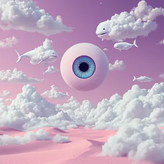Surreal digital art of a giant eye floating in a desert made of pink sand, clouds shaped like white whales swimming in a purple sky, Magritte style, dreamlike atmosphere, soft lighting, incredibly detailed, smooth gradients, clean aesthetic, high resolution.