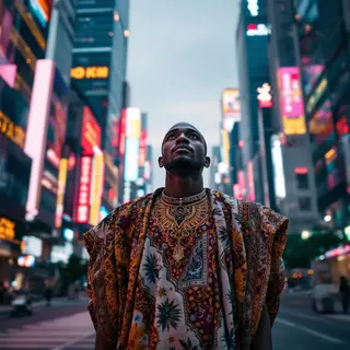 Young African man standing in a modern city for the first time, surrounded by skyscrapers and neon lights, traditional clothing mixed with urban details, expression of awe and curiosity, cinematic lighting, shallow depth of field, ultra realistic, 8k, dramatic atmosphere, photorealistic style, detailed texture, high resolution photography, professional lighting