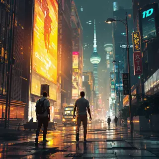 Artistic illustration of an African man discovering a modern city, symbolic contrast between nature and technology, soft glowing lights, painterly style, cinematic composition, high detail, modern digital art, photorealistic style, detailed texture, high resolution photography, professional lighting