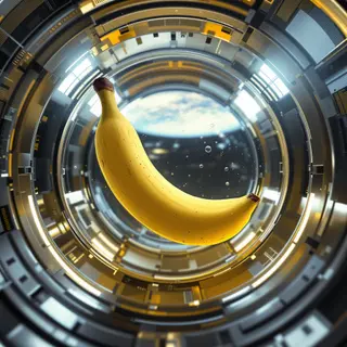 Photorealistic photo of a banana floating inside a realistic space capsule, zero gravity, natural reflections, detailed textures, cinematic lighting, realistic camera optics, professional photography style, no illustration, no text, 16:9