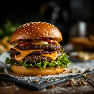 Ultra realistic burger, studio lighting, macro shot, food photography, shallow depth of field, professional food photography, appetizing presentation, warm lighting, shallow depth of field, gourmet styling