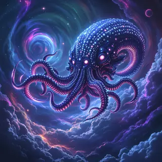 A gigantic alien creature floating in space, glowing bioluminescent patterns on its skin, tentacles with neon tips, swirling cosmic clouds in the background, highly detailed, vibrant colors, 8k
 fantasy art, epic scene, magical atmosphere, dramatic lighting, detailed illustration, concept art, mythical creatures, enchanted world, fantasy art, epic scene, magical atmosphere, dramatic lighting, detailed illustration, concept art, mythical creatures, enchanted world