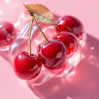 cherries as a cosmetic ingredient concept, bright cherry-red berries with a soft pink undertone, slightly desaturated, clean and modern color tone, cherries suspended inside soft translucent jelly, clear gel-jelly texture surrounding the cherries, wobbly, elastic, and semi-transparent consistency, jelly-like cosmetic texture, not hard or coated, ingredient-focused visual, not food photography, bright daylight lighting, high-key exposure, fresh summer sunlight feeling, clean highlights, soft refl, photorealistic style, detailed texture, high resolution photography, professional lighting
