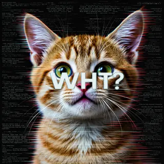 glitch art of an adorable cat with the text "WHT?" in coded bold bloc lettering, with glitched computer code all over the background., photorealistic style, detailed texture, high resolution photography, professional lighting