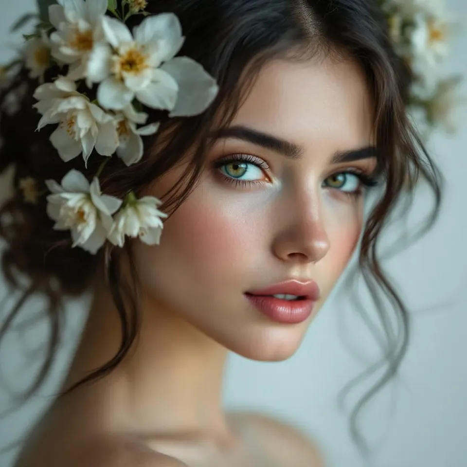 Portrait of a woman with flowers in her hair, soft studio lighting, shallow depth of field, 85mm lens, photorealistic style, detailed texture, high resolution photography, professional lighting